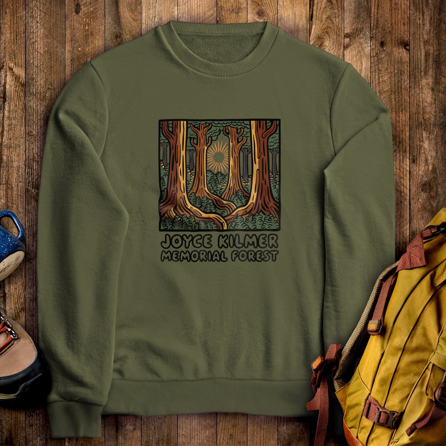 Joyce Kilmer Memorial Forest Crewneck Sweatshirt Military Green Adventure and Outdoors Themed Sweatshirt