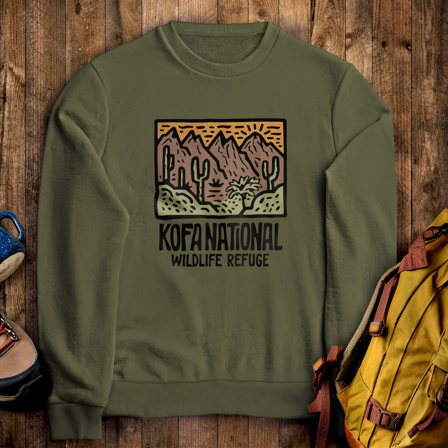 Kofa National Wildlife Refuge Crewneck Sweatshirt Military Green Adventure and Outdoors Themed Sweatshirt