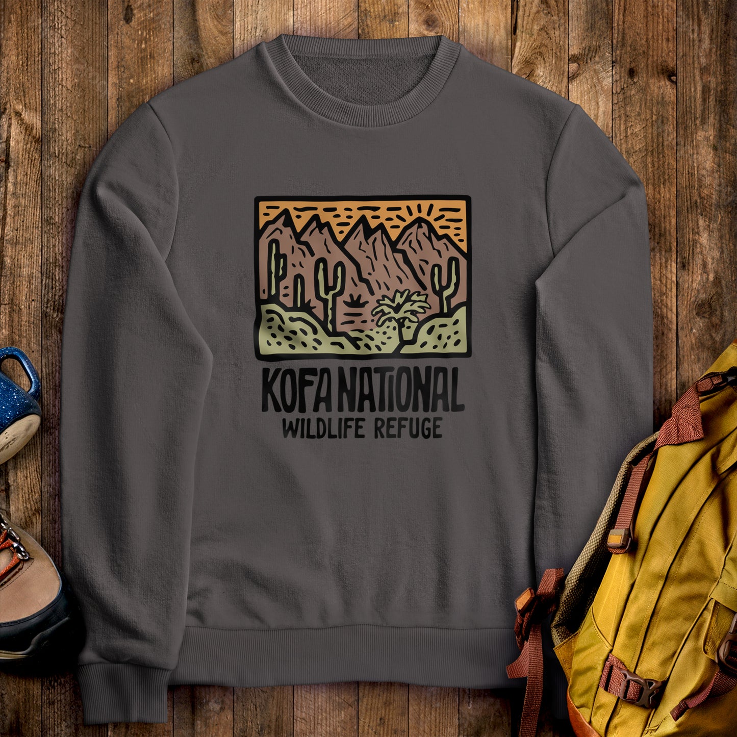 Kofa National Wildlife Refuge Crewneck Sweatshirt Charcoal Adventure and Outdoors Themed Sweatshirt