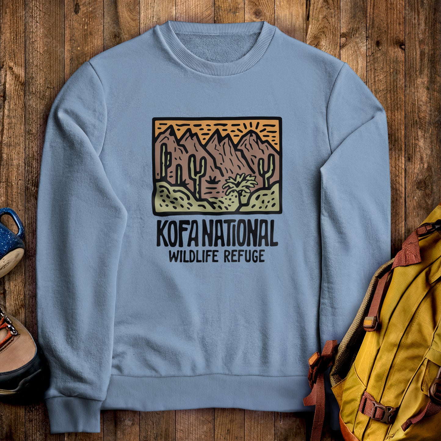 Kofa National Wildlife Refuge Crewneck Sweatshirt Stone Blue Adventure and Outdoors Themed Sweatshirt