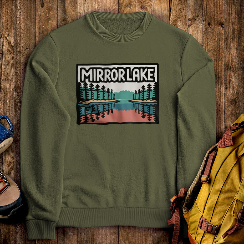 Mirror Lake Crewneck Sweatshirt Military Green Adventure and Outdoors Themed Sweatshirt