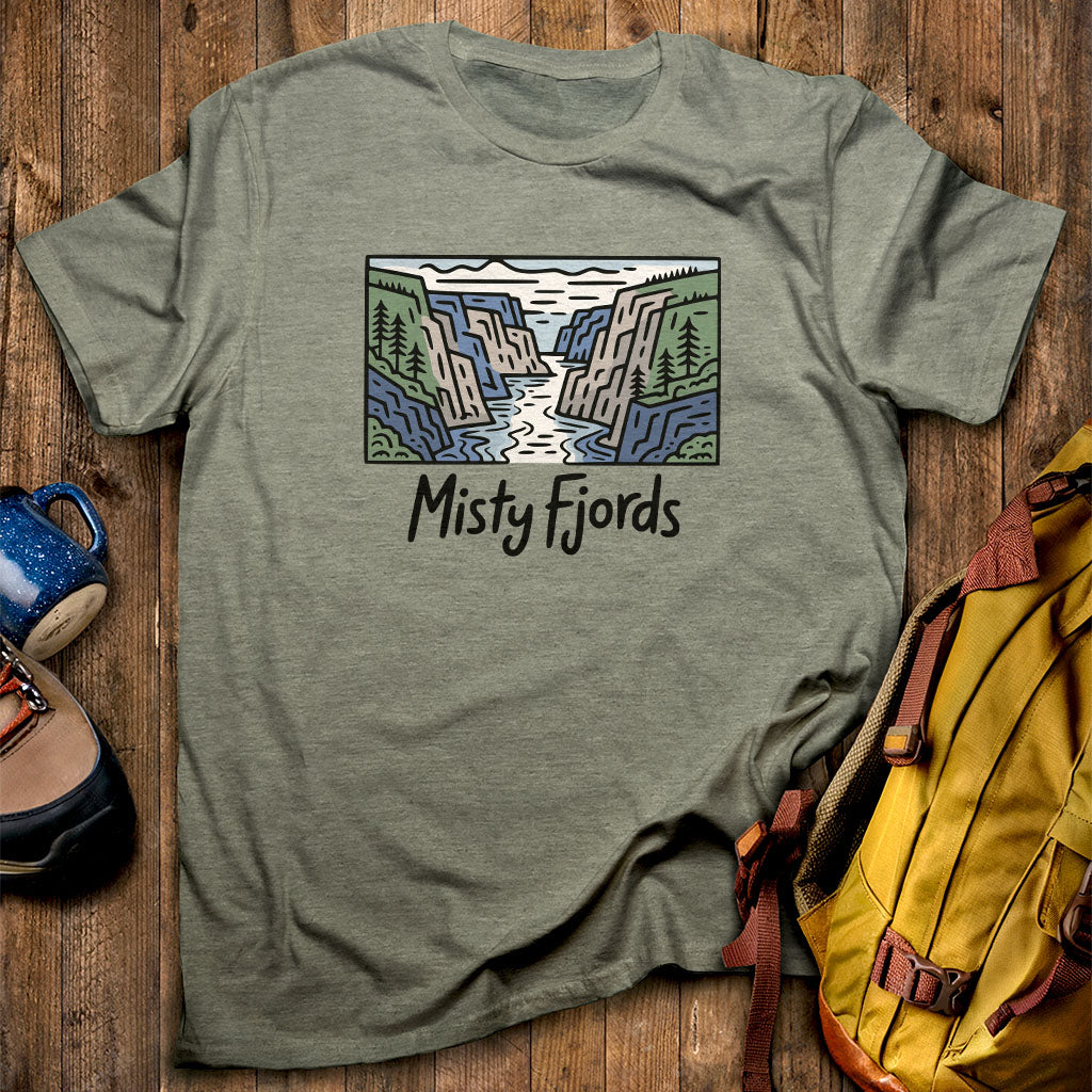 Misty Fjords National Monument T-Shirt Heather Military Green Adventure and Outdoors Themed T-Shirt