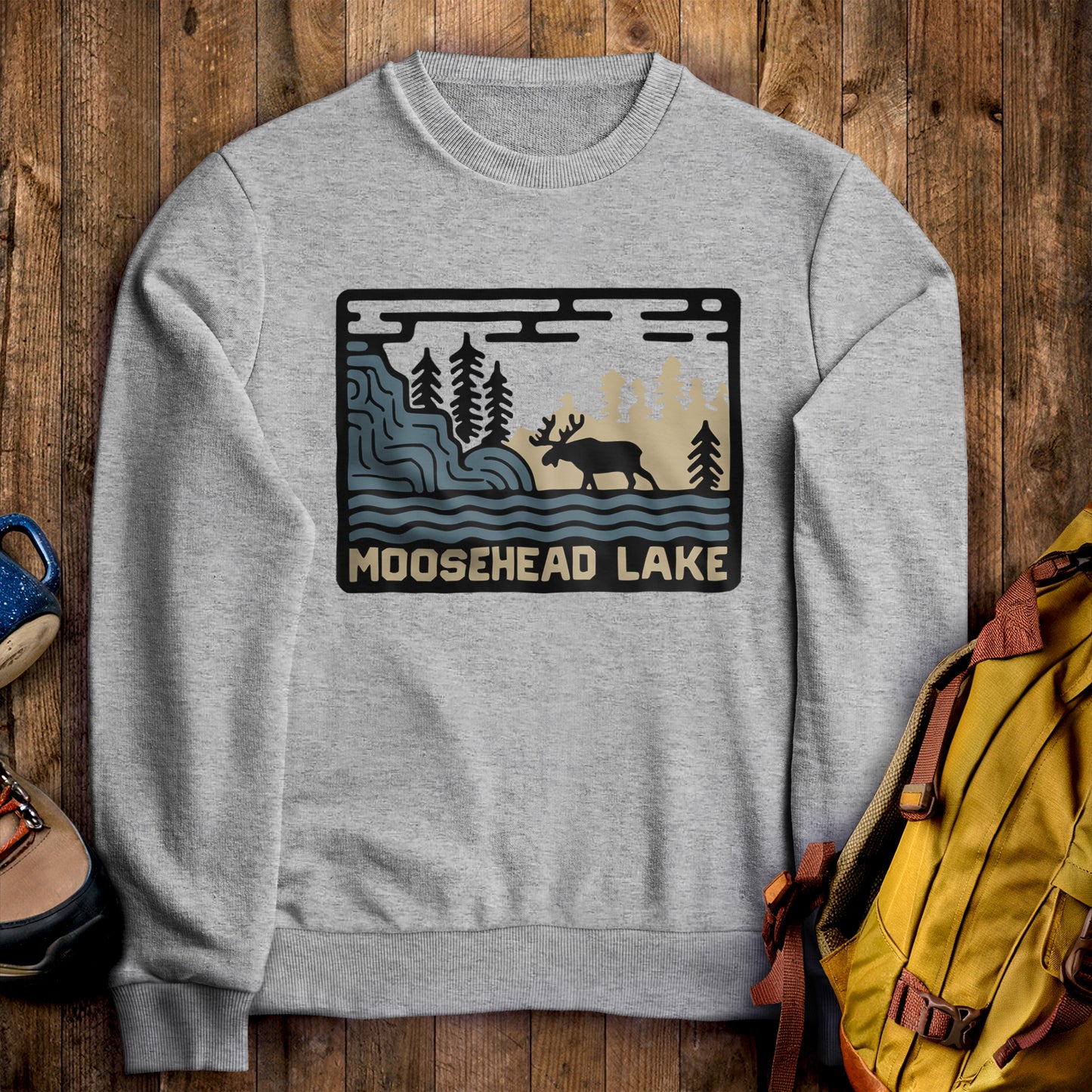 Moosehead Lake Crewneck Sweatshirt Sport Grey Adventure and Outdoors Themed Sweatshirt