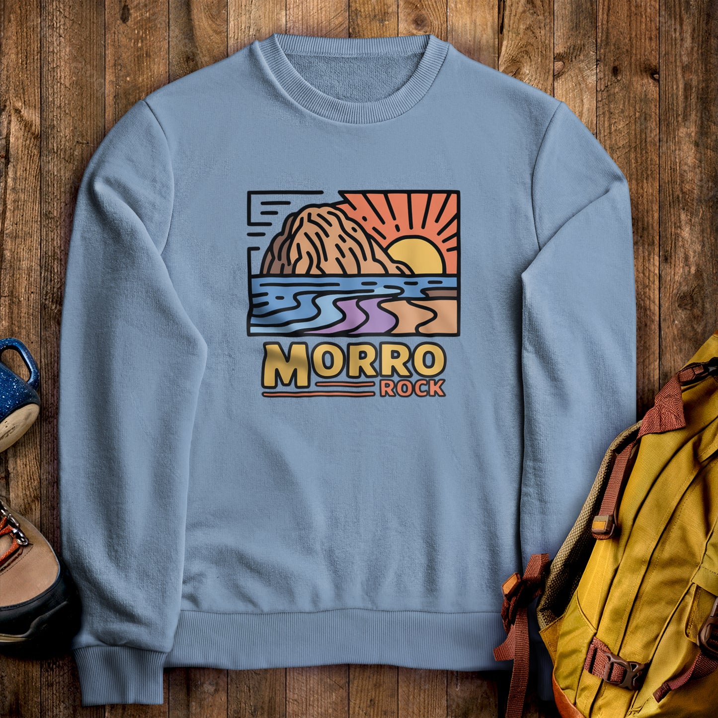 Morro Rock Crewneck Sweatshirt Stone Blue Adventure and Outdoors Themed Sweatshirt