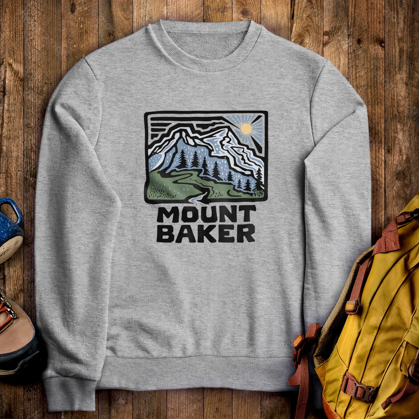 Mount Baker Crewneck Sweatshirt Sport Grey Adventure and Outdoors Themed Sweatshirt