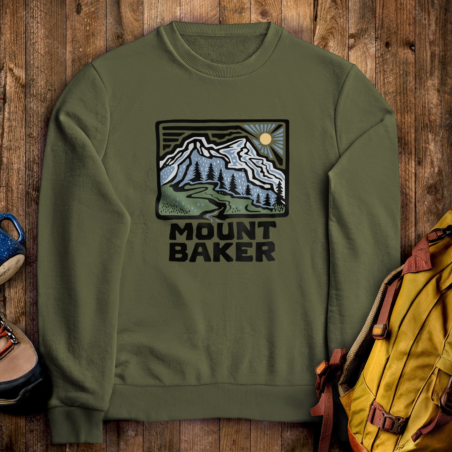 Mount Baker Crewneck Sweatshirt Military Green Adventure and Outdoors Themed Sweatshirt