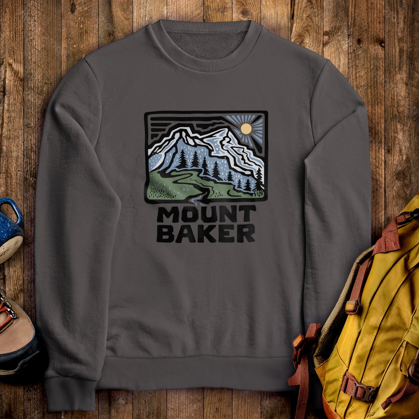 Mount Baker Crewneck Sweatshirt Charcoal Adventure and Outdoors Themed Sweatshirt