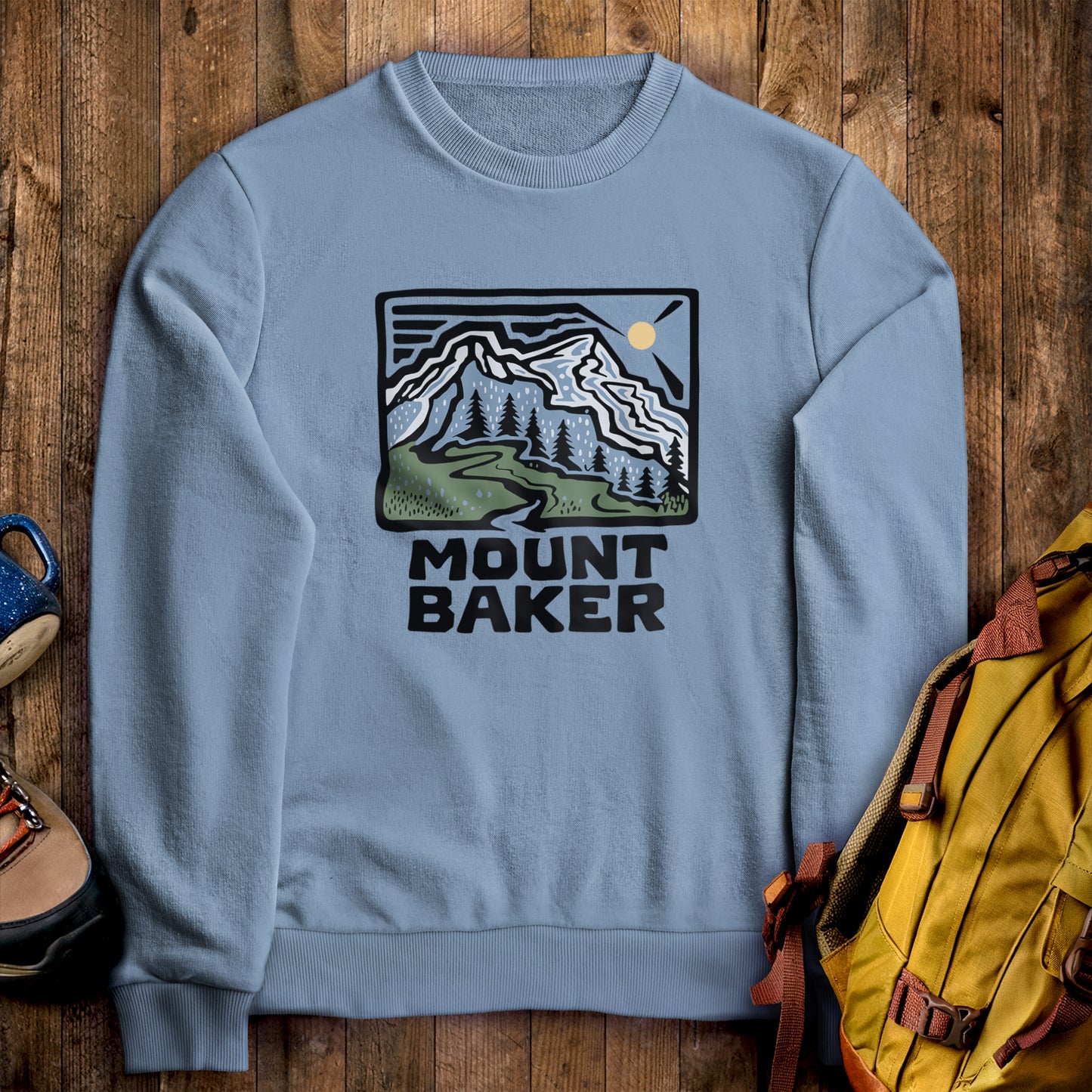 Mount Baker Crewneck Sweatshirt Stone Blue Adventure and Outdoors Themed Sweatshirt