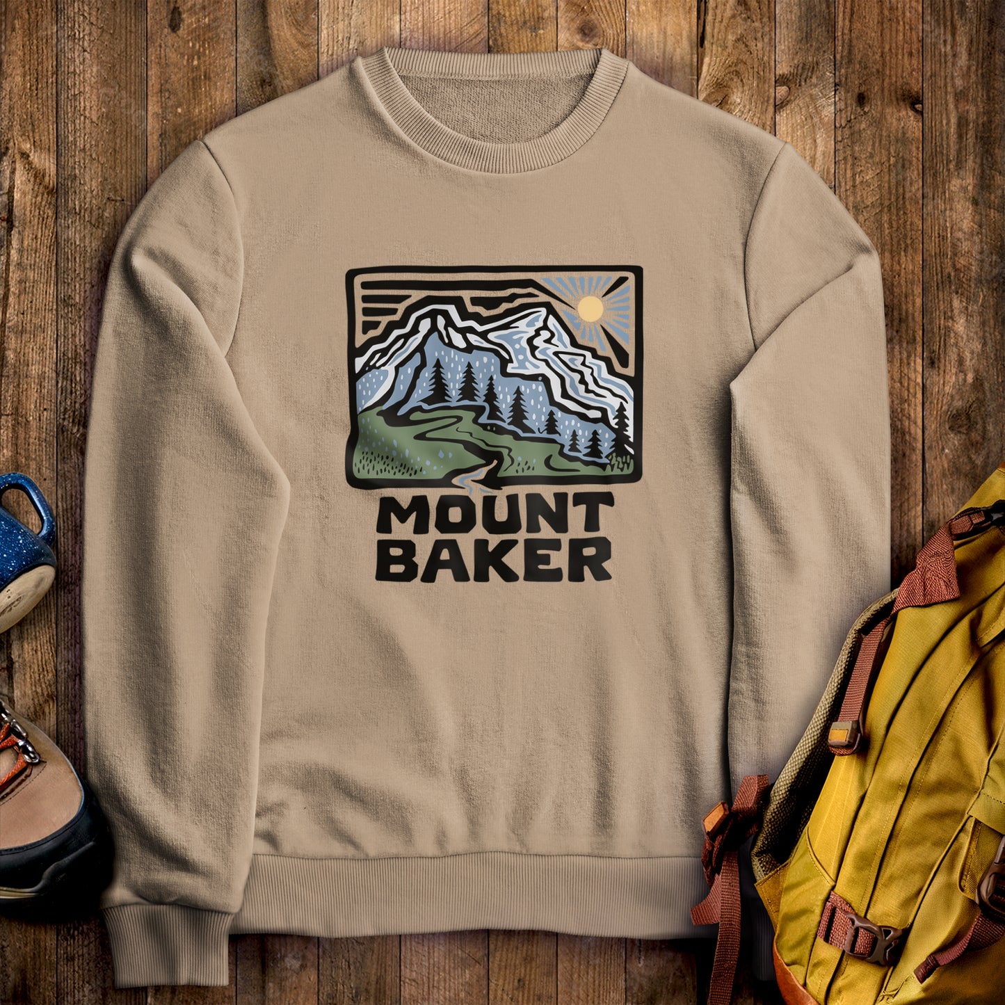 Mount Baker Crewneck Sweatshirt Sand Adventure and Outdoors Themed Sweatshirt