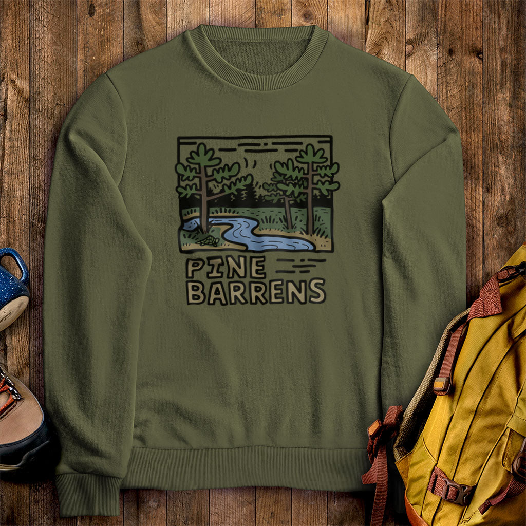 Pine Barrens Crewneck Sweatshirt Military Green Adventure and Outdoors Themed Sweatshirt