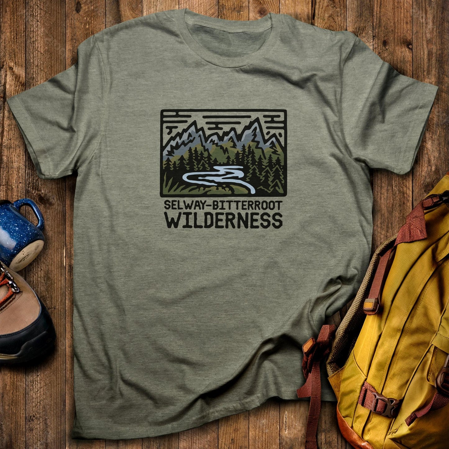 Selway-Bitterroot Wilderness T-Shirt Heather Military Green Adventure and Outdoors Themed T-Shirt