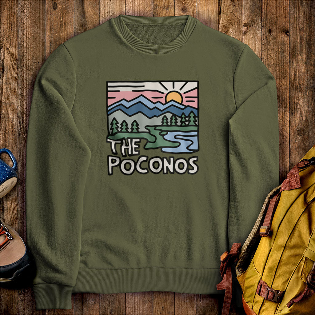 Poconos Mountains Crewneck Sweatshirt Military Green Adventure and Outdoors Themed Sweatshirt