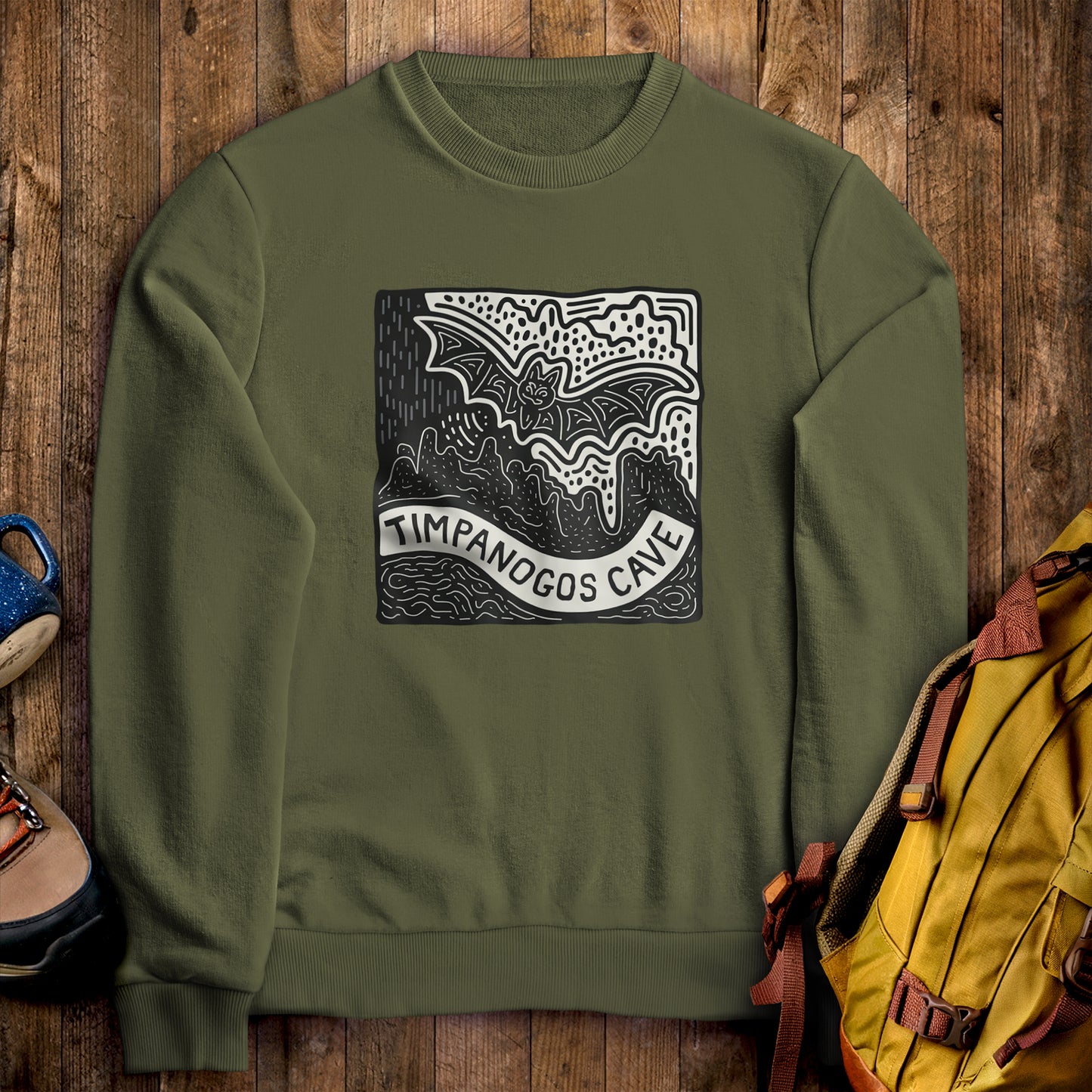 Timpanogos Cave Crewneck Sweatshirt Military Green Adventure and Outdoors Themed Sweatshirt