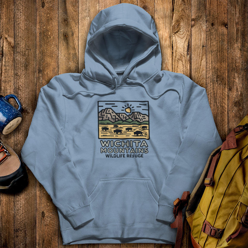 Wichita Mountains Wildlife Refuge Hoodie Stone Blue Adventure and Outdoors Themed Hoodie