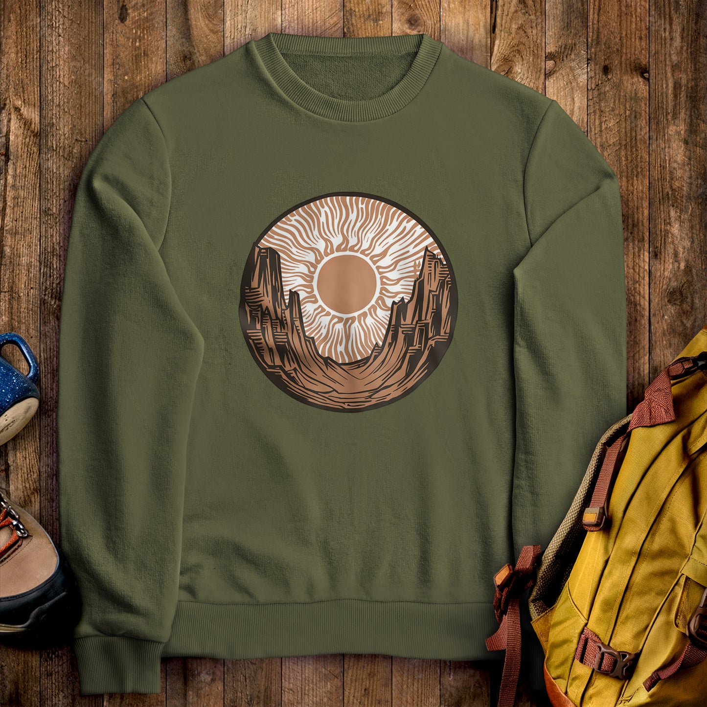 Desert Sun Crewneck Sweatshirt Military Green Adventure and Outdoors Themed Sweatshirt