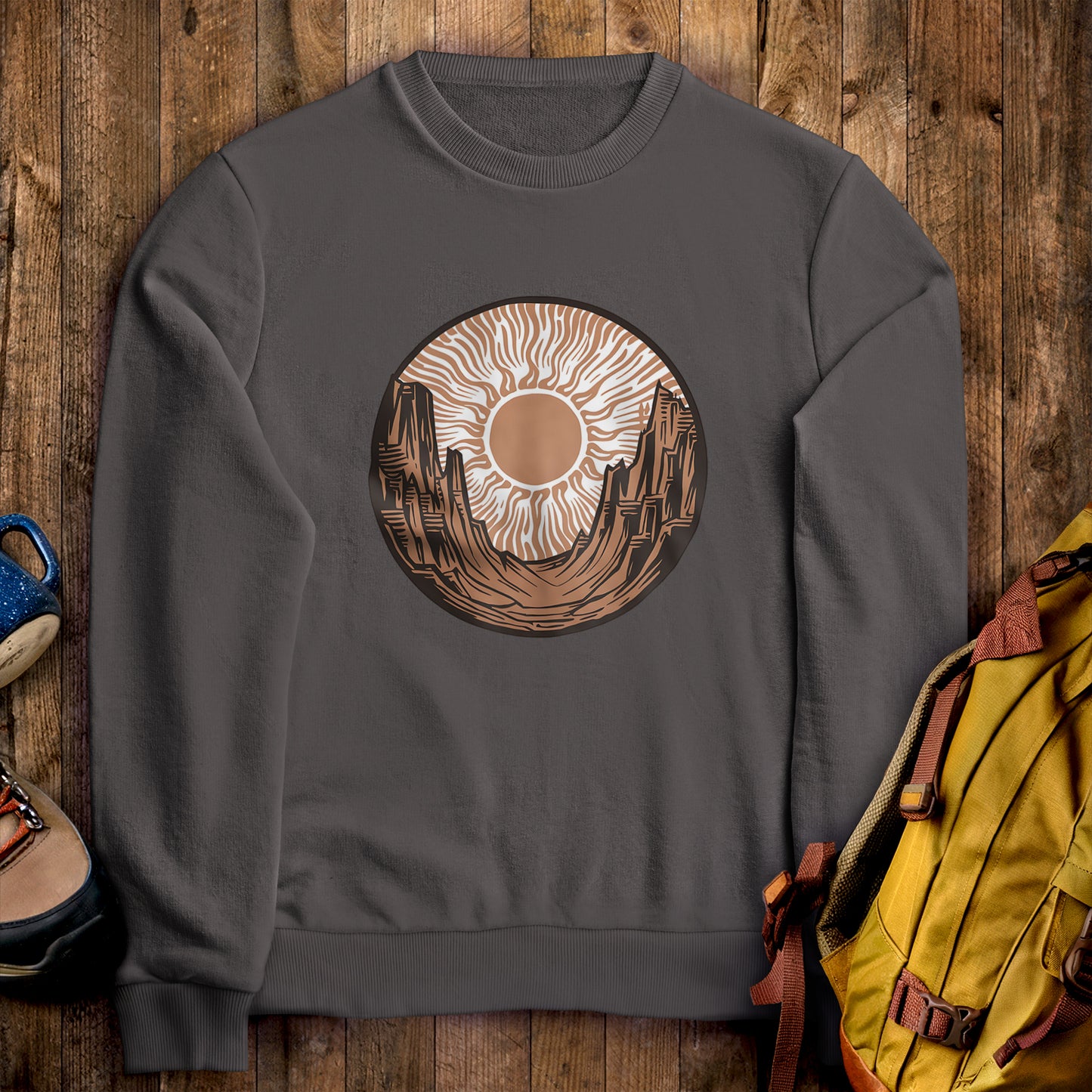 Desert Sun Crewneck Sweatshirt Charcoal Adventure and Outdoors Themed Sweatshirt