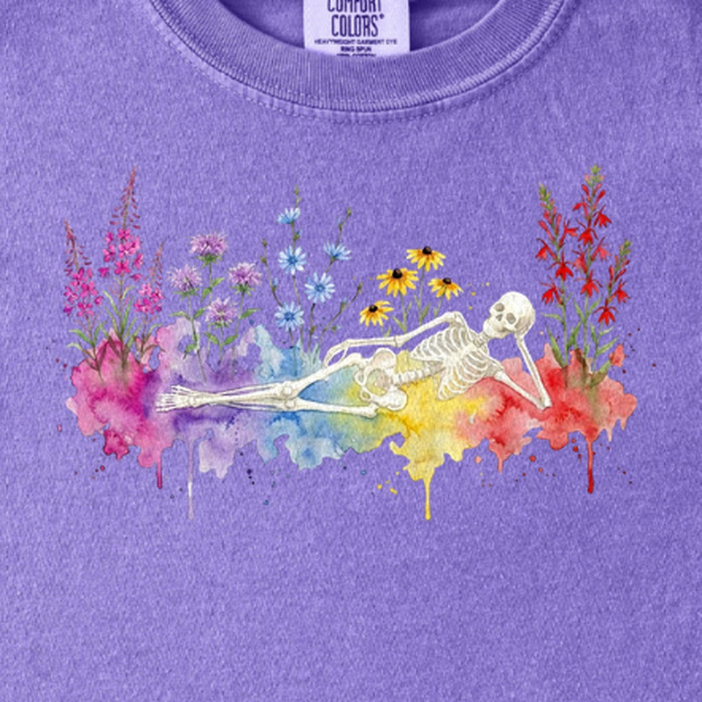 Halloween Skeleton Watercolor Wildflowers Kids Cotton T-Shirt