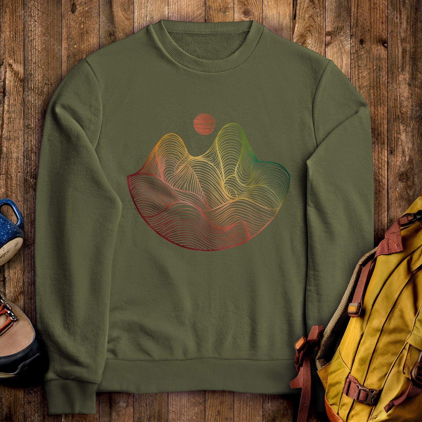 Mountain Sunset Woodblock Crewneck Sweatshirt Military Green Adventure and Outdoors Themed Sweatshirt