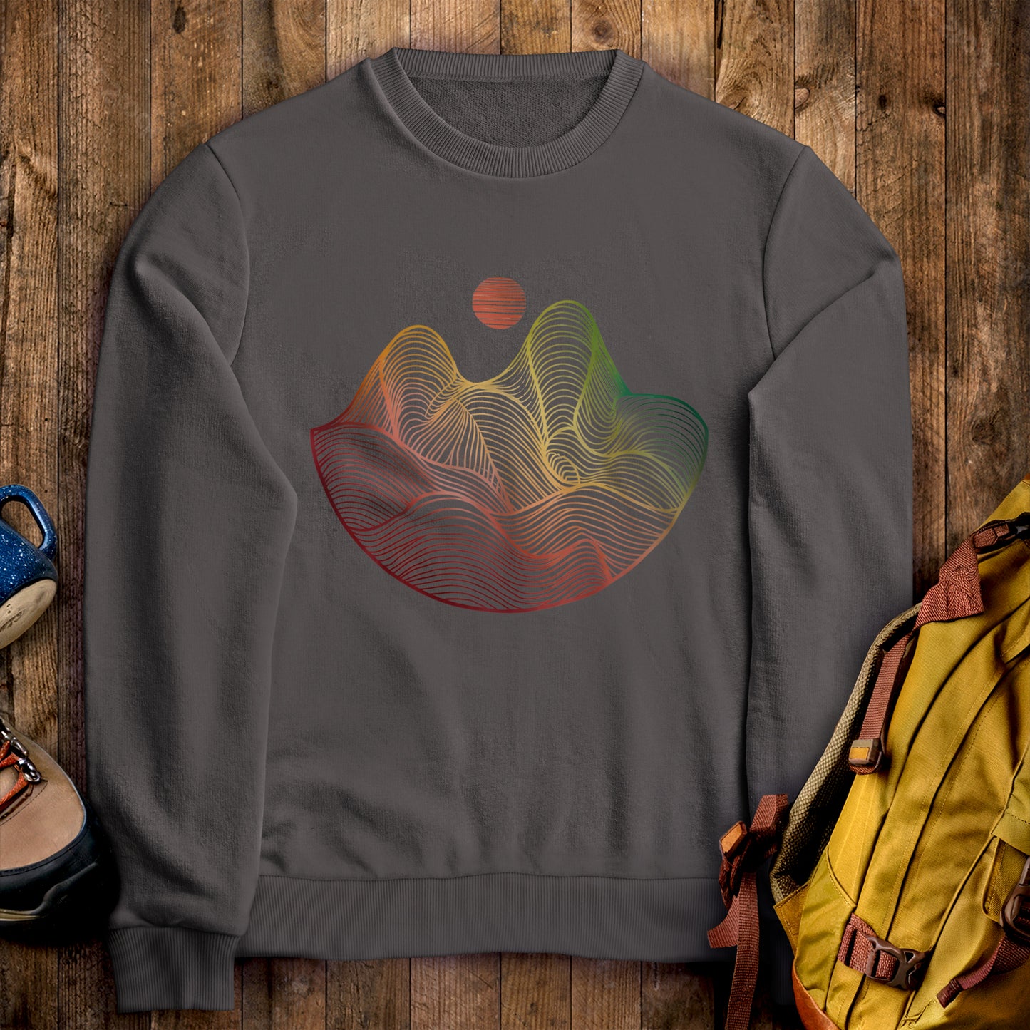 Mountain Sunset Woodblock Crewneck Sweatshirt Charcoal Adventure and Outdoors Themed Sweatshirt