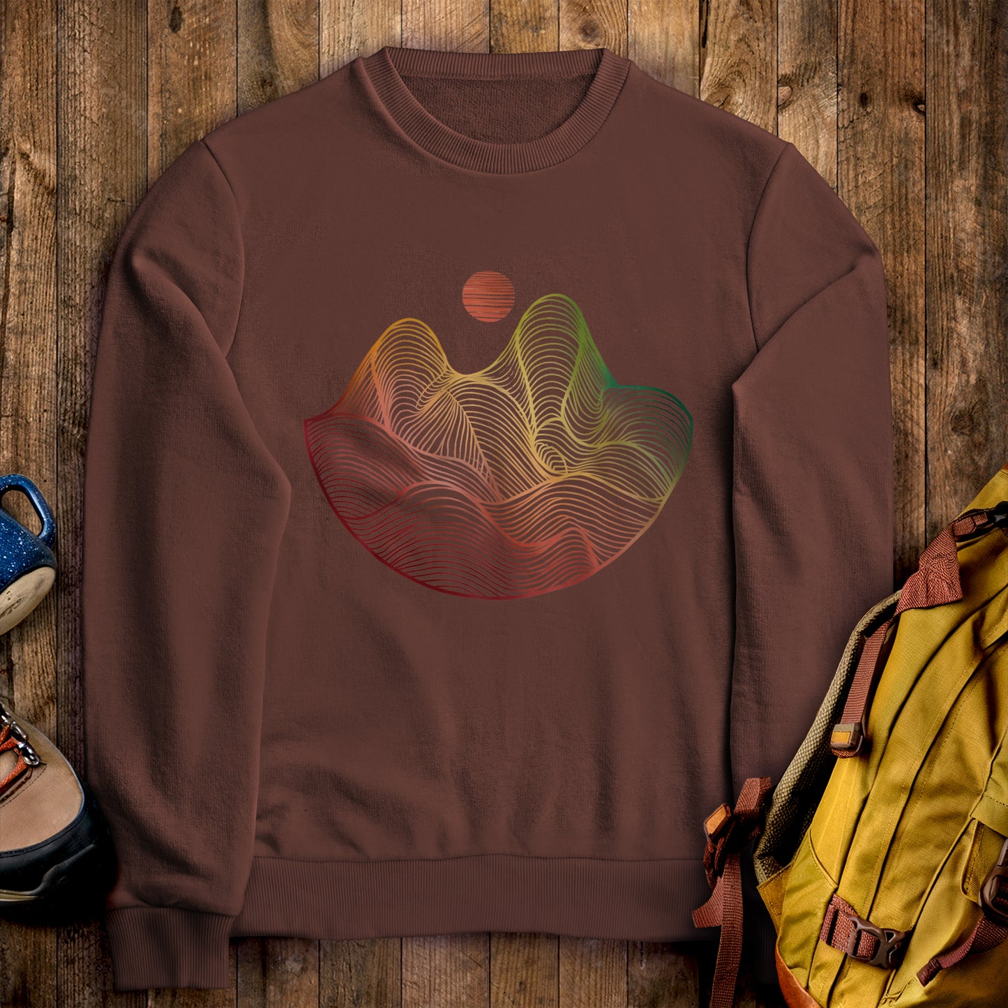 Mountain Sunset Woodblock Crewneck Sweatshirt Cocoa Adventure and Outdoors Themed Sweatshirt