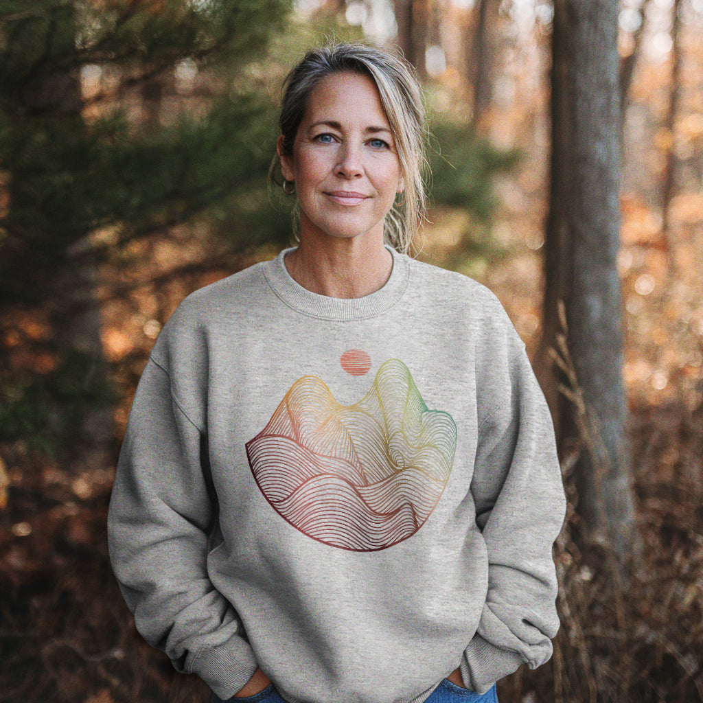 Mountain Sunset Woodblock Crewneck Sweatshirt Adventure and Outdoors Themed Sweatshirt