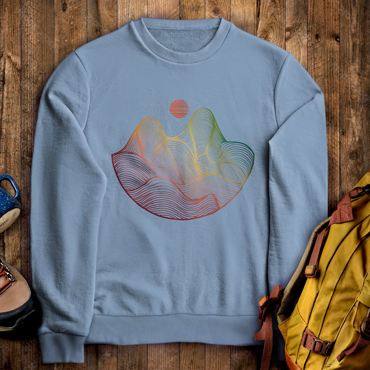Mountain Sunset Woodblock Crewneck Sweatshirt Stone Blue Adventure and Outdoors Themed Sweatshirt