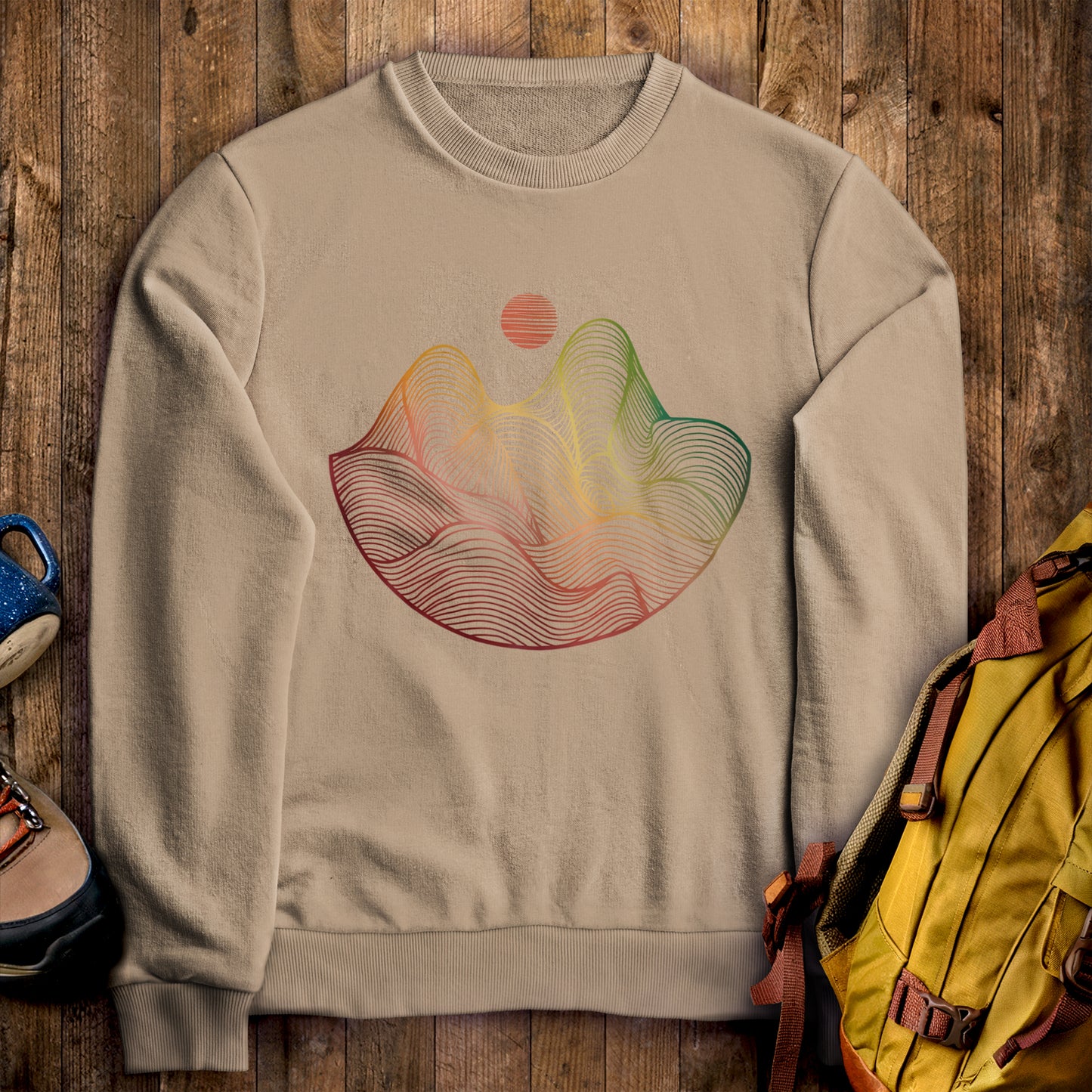 Mountain Sunset Woodblock Crewneck Sweatshirt Sand Adventure and Outdoors Themed Sweatshirt