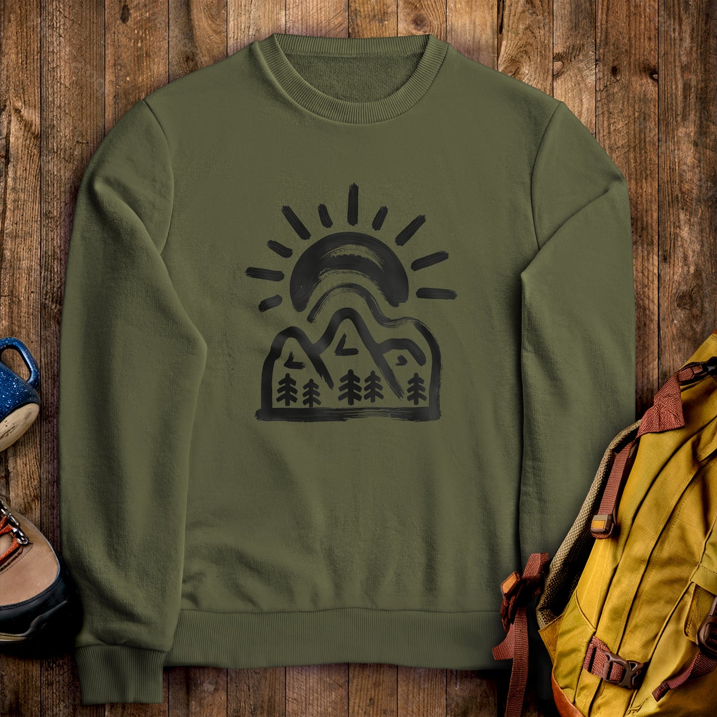 Painted Peaks Crewneck Sweatshirt Military Green Adventure and Outdoors Themed Sweatshirt