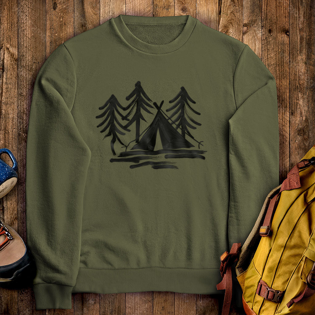 Painted Camp Crewneck Sweatshirt Military Green Adventure and Outdoors Themed Sweatshirt