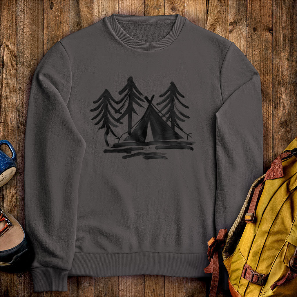Painted Camp Crewneck Sweatshirt Charcoal Adventure and Outdoors Themed Sweatshirt
