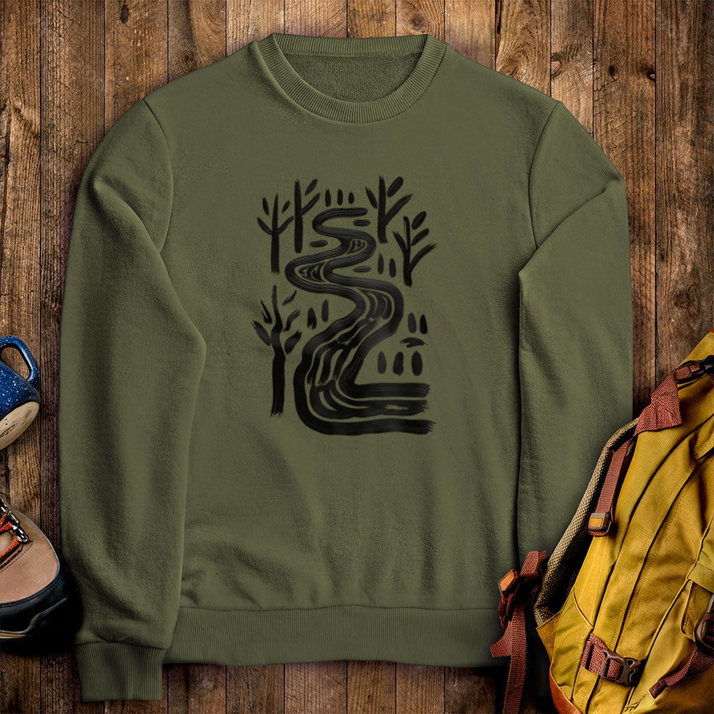 Painted River Crewneck Sweatshirt Military Green Adventure and Outdoors Themed Sweatshirt
