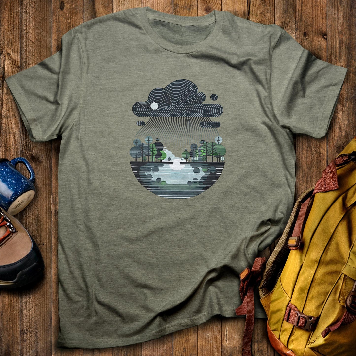 Rainy Day Reflection T-Shirt Heather Military Green Adventure and Outdoors Themed T-Shirt