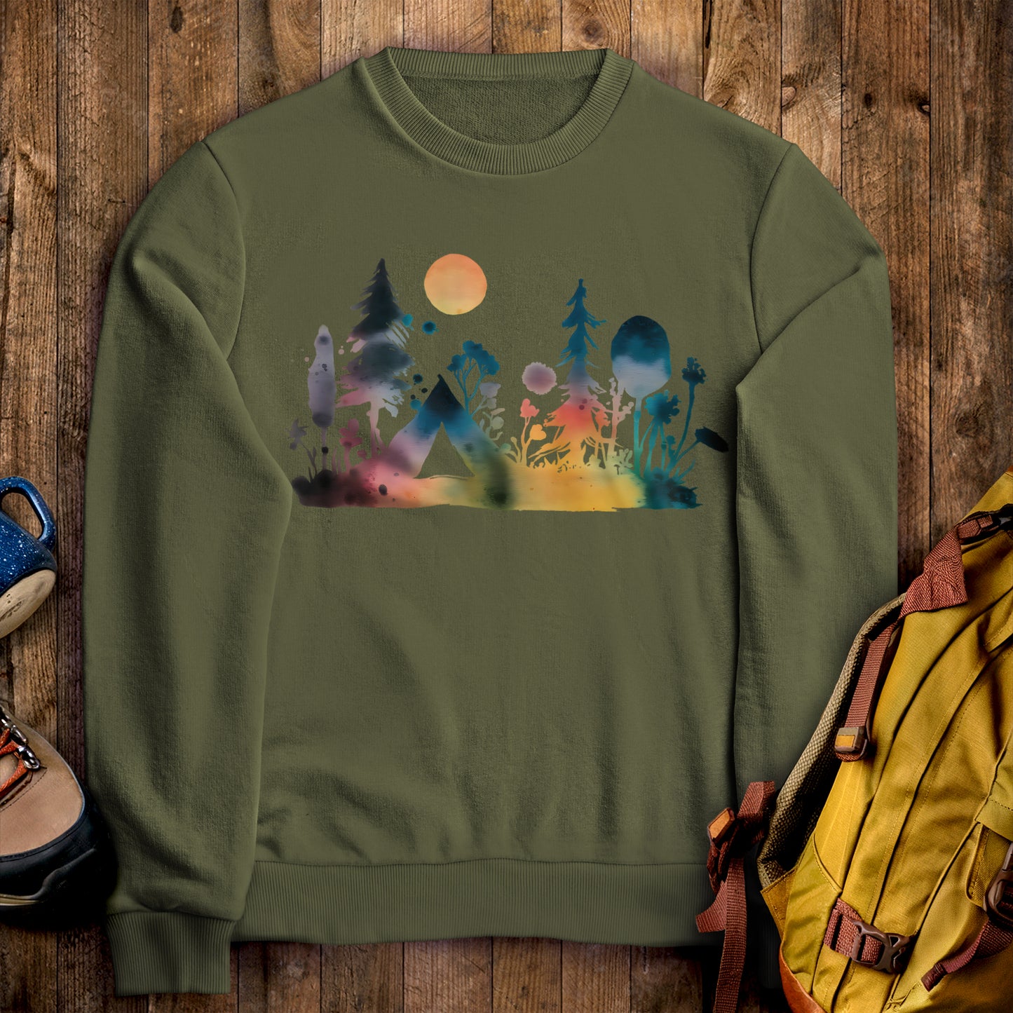 Watercolor Wildflower Retreat Crewneck Sweatshirt Military Green Adventure and Outdoors Themed Sweatshirt