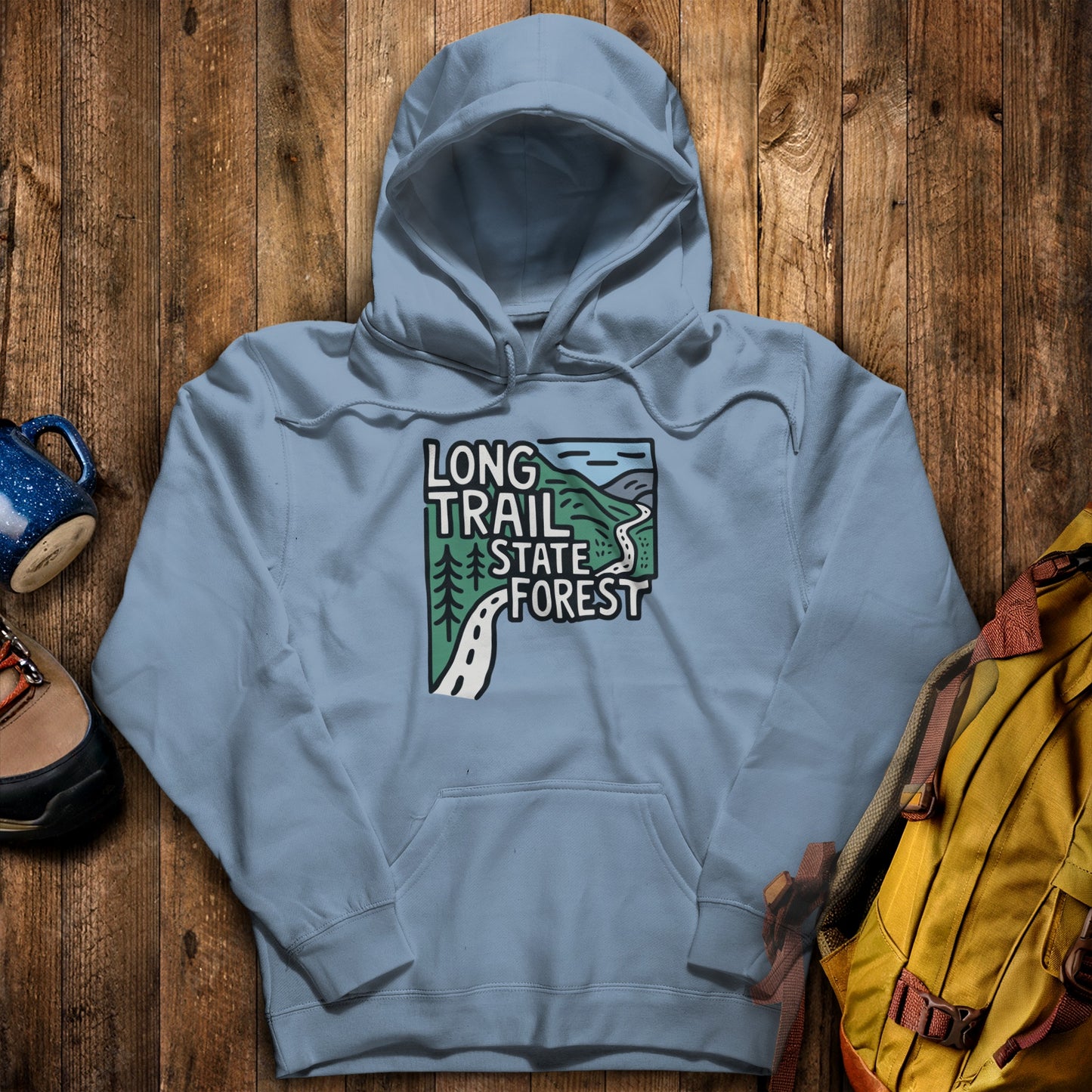 Long Trail State Forest Hoodie Stone Blue Adventure and Outdoors Themed Hoodie