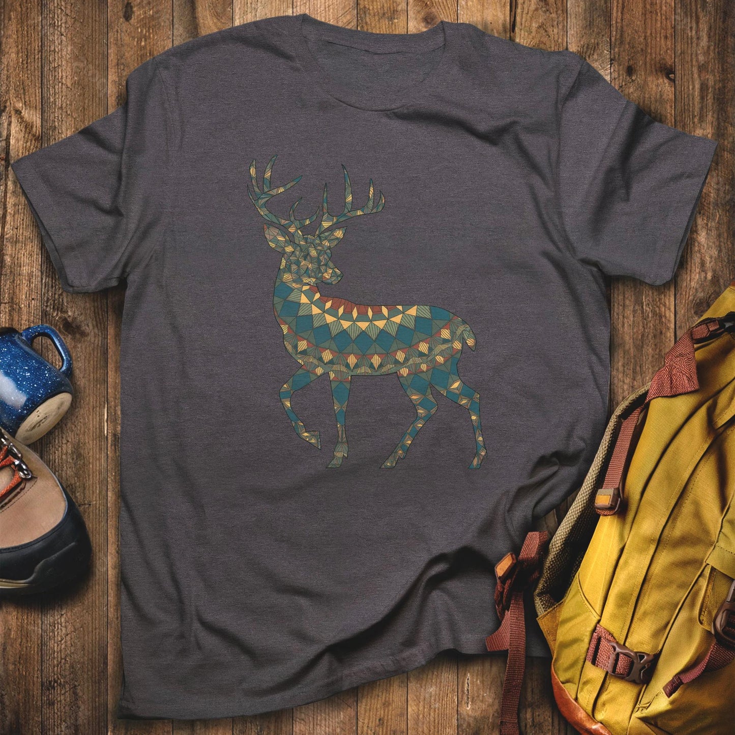 Deer Southwestern Mosaic T-Shirt Dark Heather Adventure and Outdoors Themed T-Shirt
