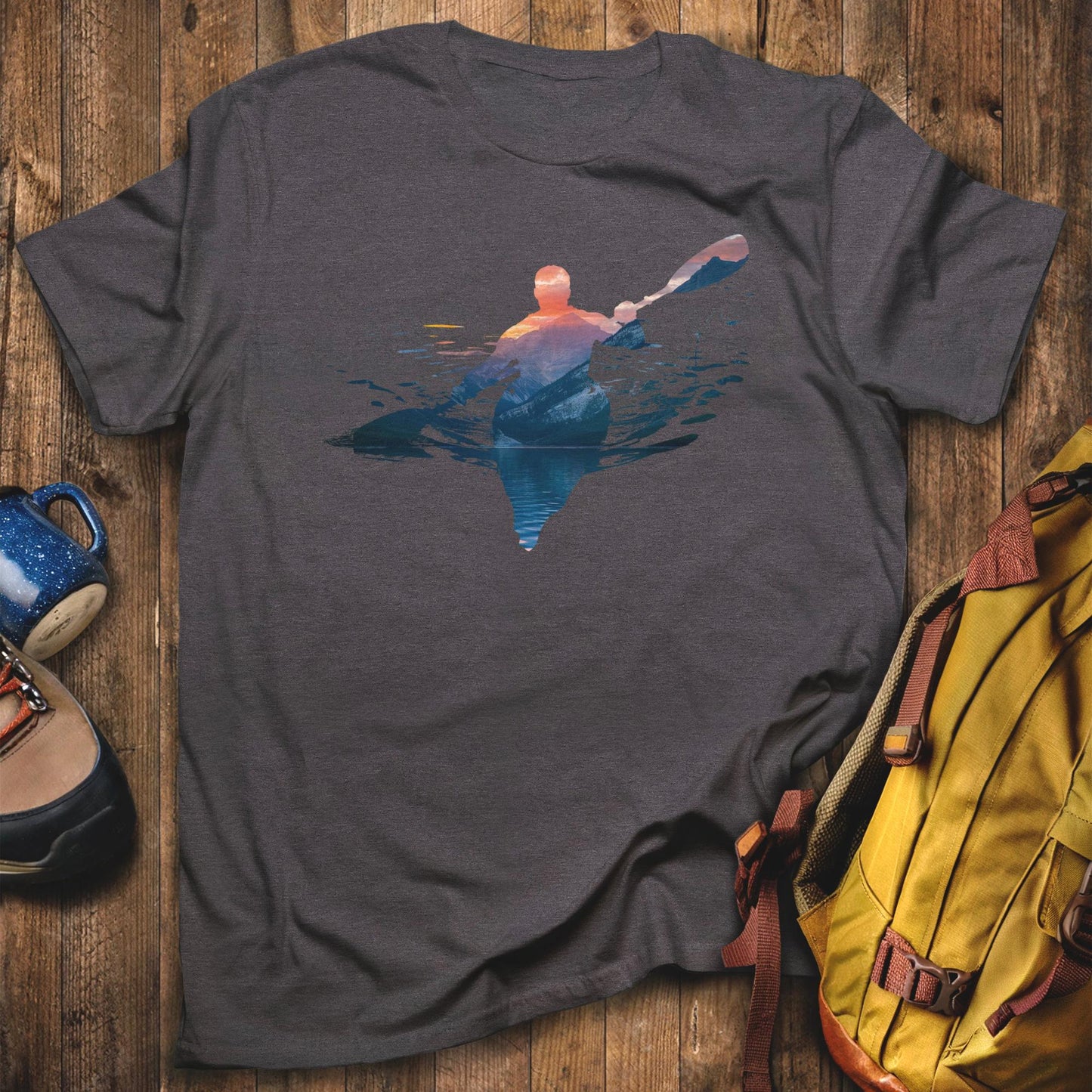 Kayak Mountain Silhouette T-Shirt Dark Heather Adventure and Outdoors Themed T-Shirt