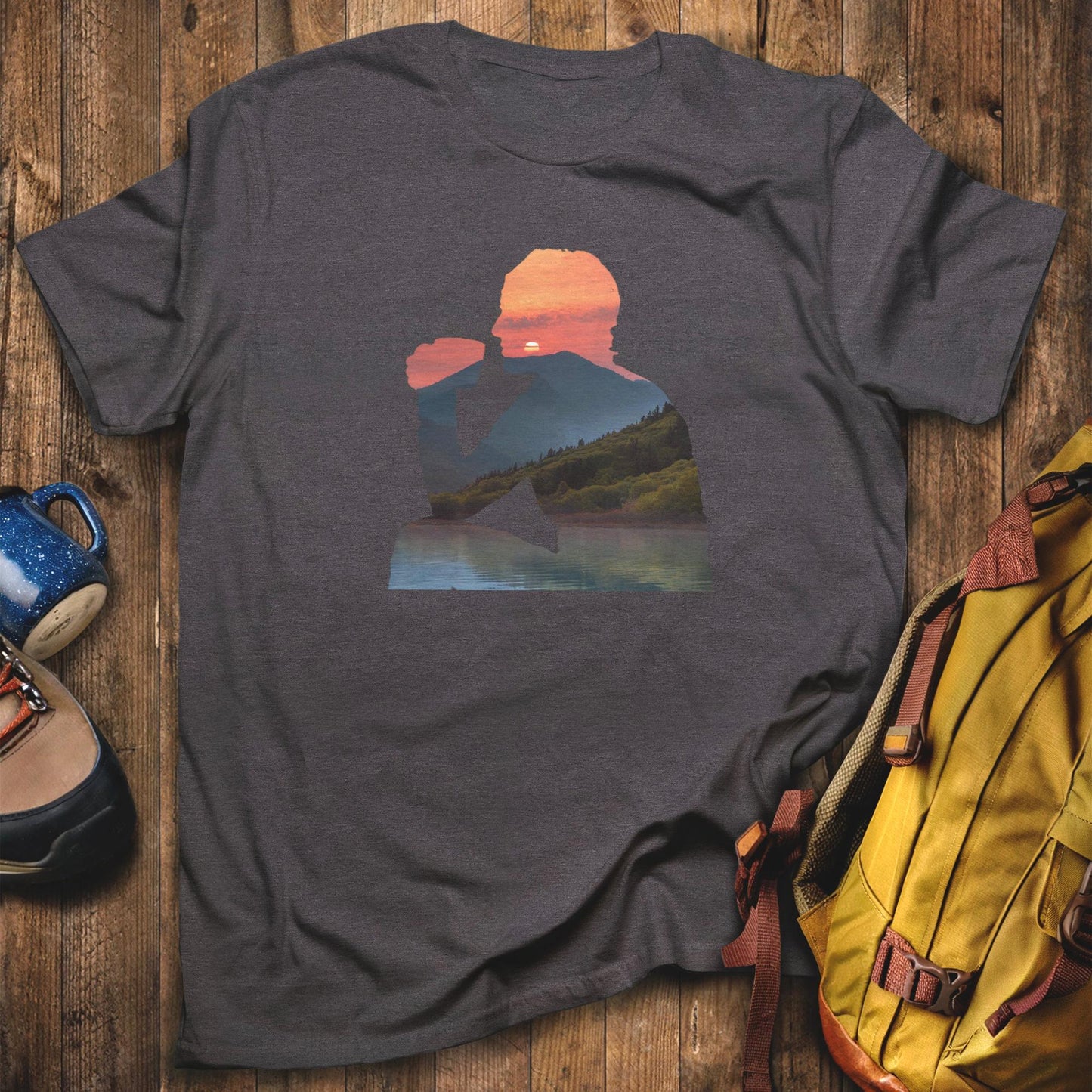 Sipping Coffee at Sunset T-Shirt Dark Heather Adventure and Outdoors Themed T-Shirt