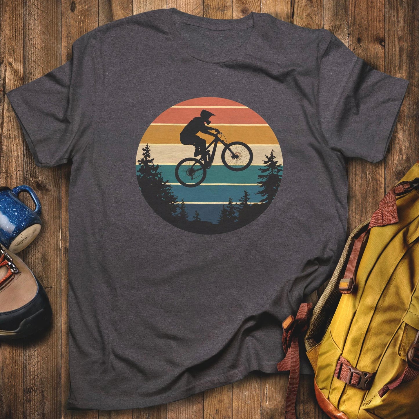 Mountain Biking Retro Sunset T-Shirt Dark Heather Adventure and Outdoors Themed T-Shirt