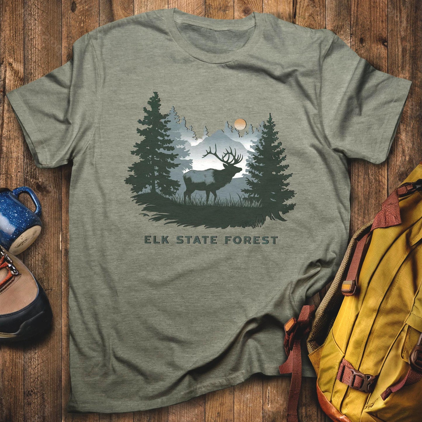 Elk State Forest T-Shirt Heather Military Green Adventure and Outdoors Themed T-Shirt