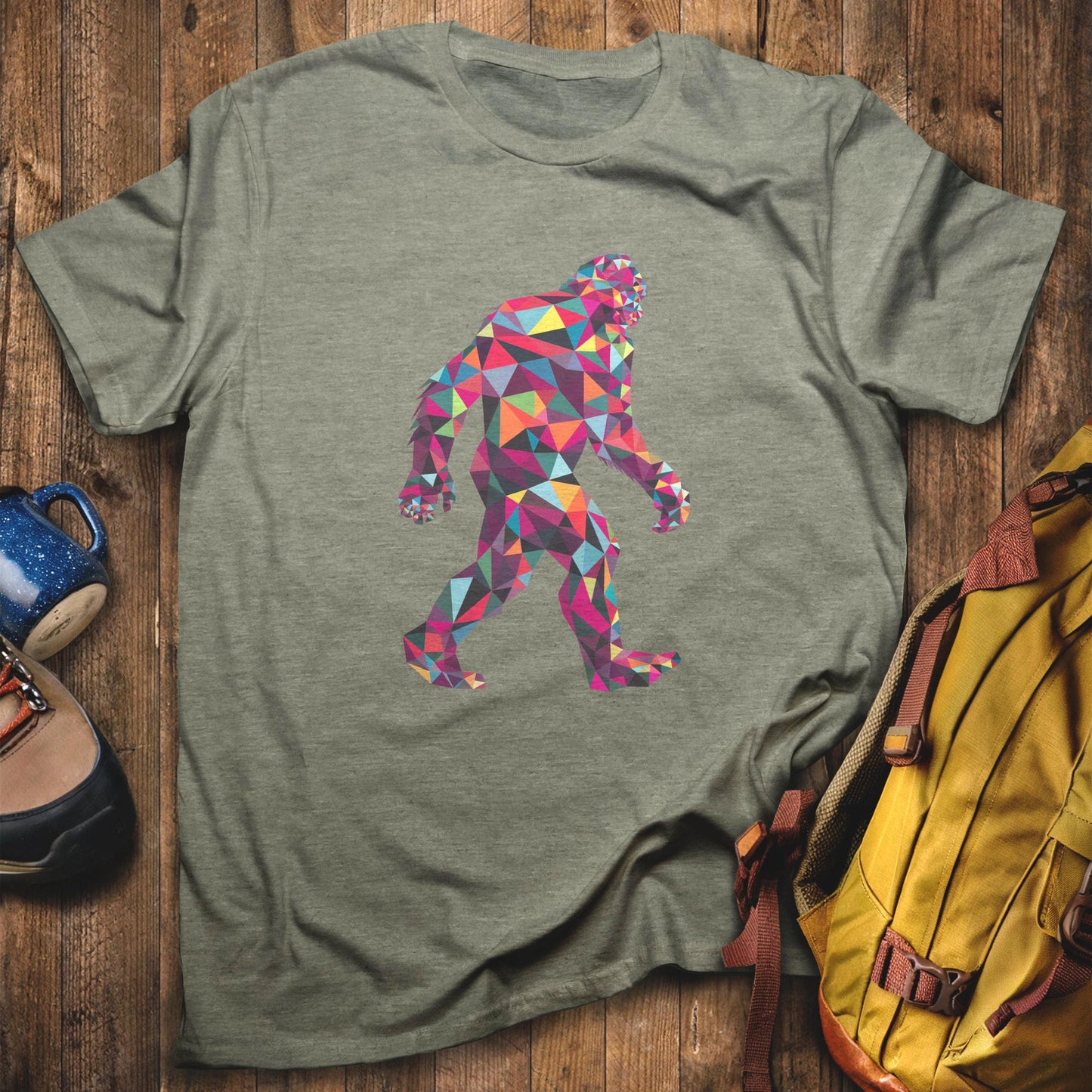 Sasquatch Mosaic T-Shirt Heather Military Green Adventure and Outdoors Themed T-Shirt