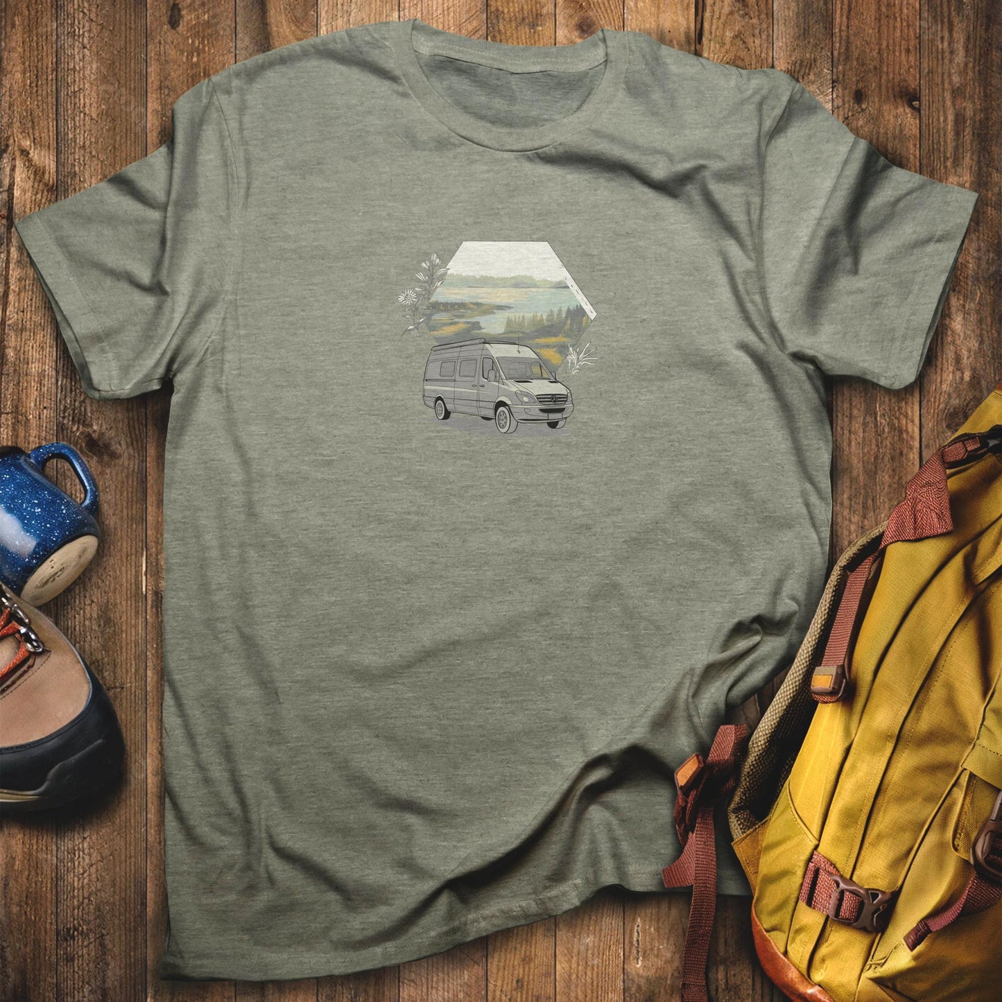 Ford Transit Hexagon T-Shirt Heather Military Green Adventure and Outdoors Themed T-Shirt