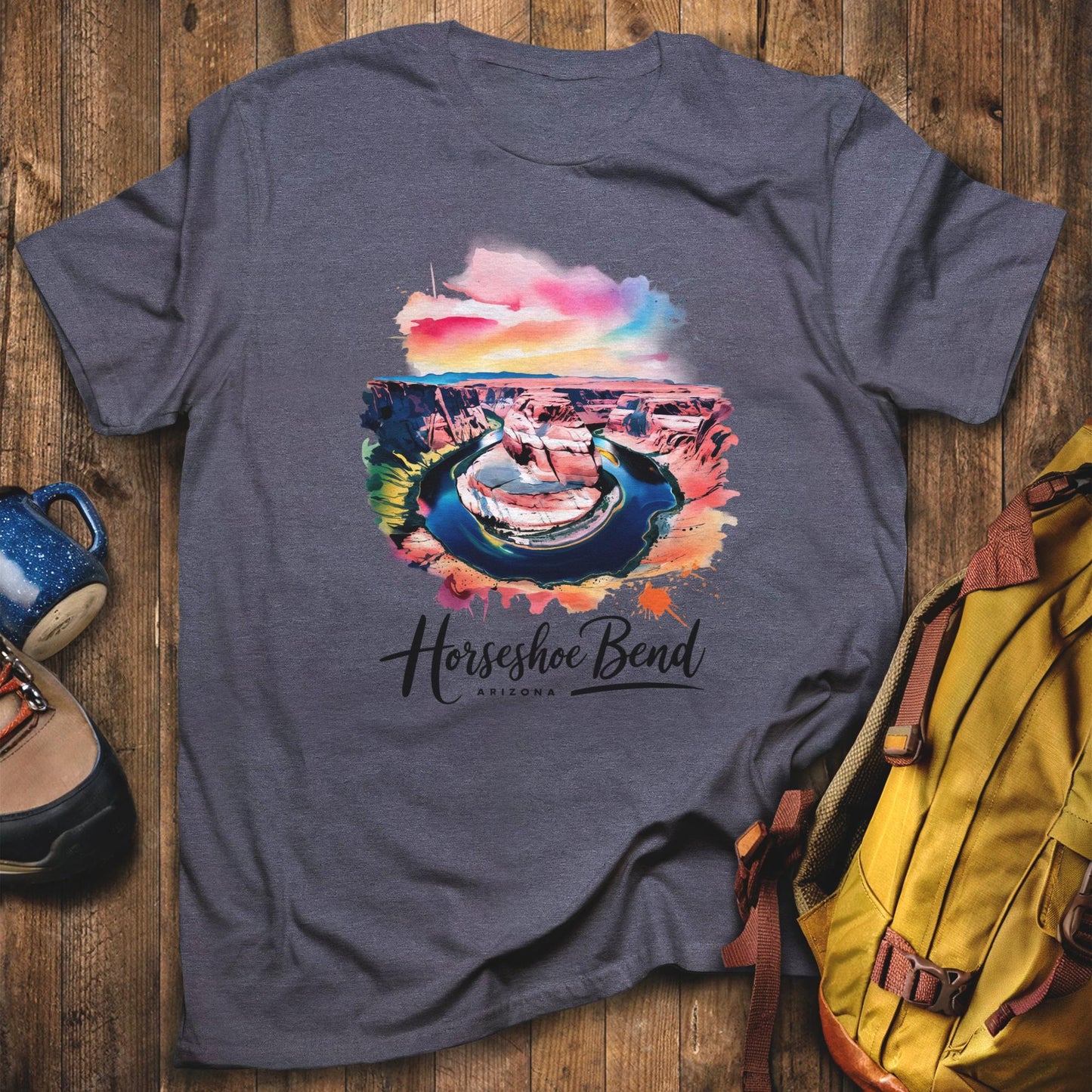 Horseshoe Bend Watercolor T-Shirt Heather Navy Adventure and Outdoors Themed T-Shirt