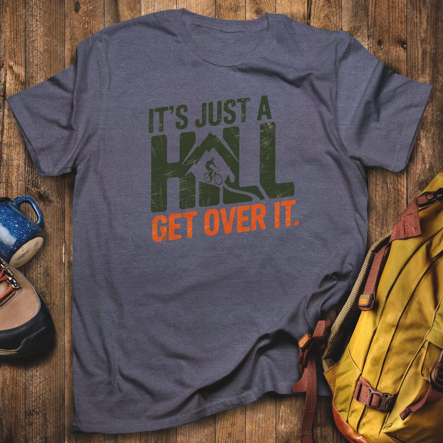 It's Just a Hill Biking T-Shirt Heather Navy Adventure and Outdoors Themed T-Shirt