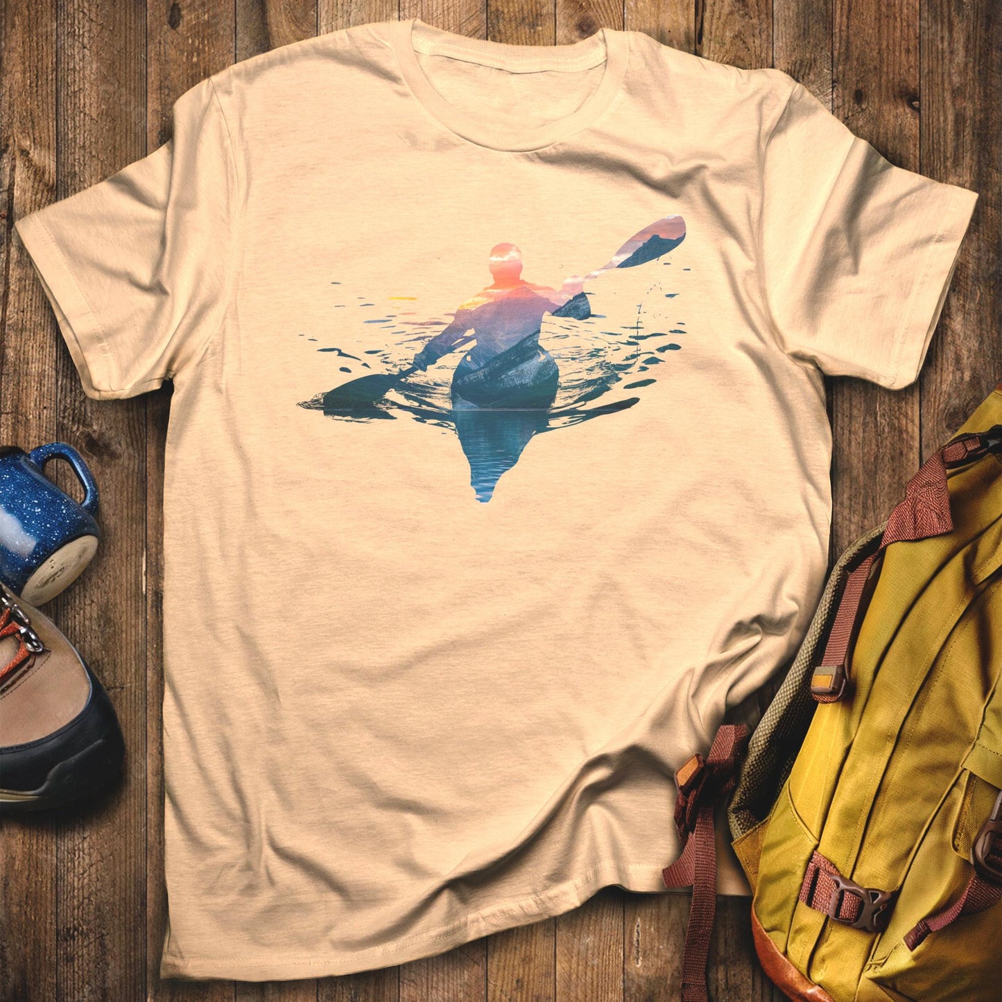 Kayak Mountain Silhouette T-Shirt Sand Adventure and Outdoors Themed T-Shirt