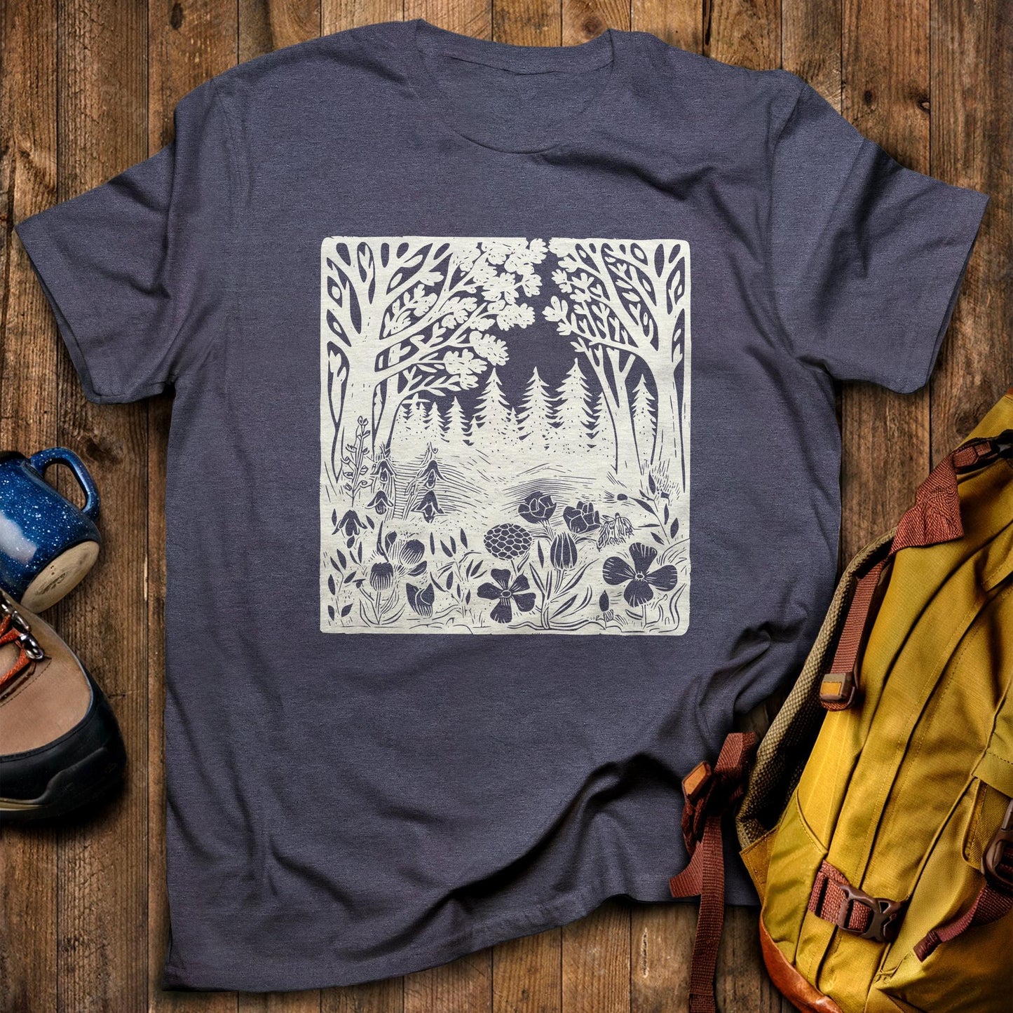Forest Bloom T-Shirt Heather Navy Adventure and Outdoors Themed T-Shirt