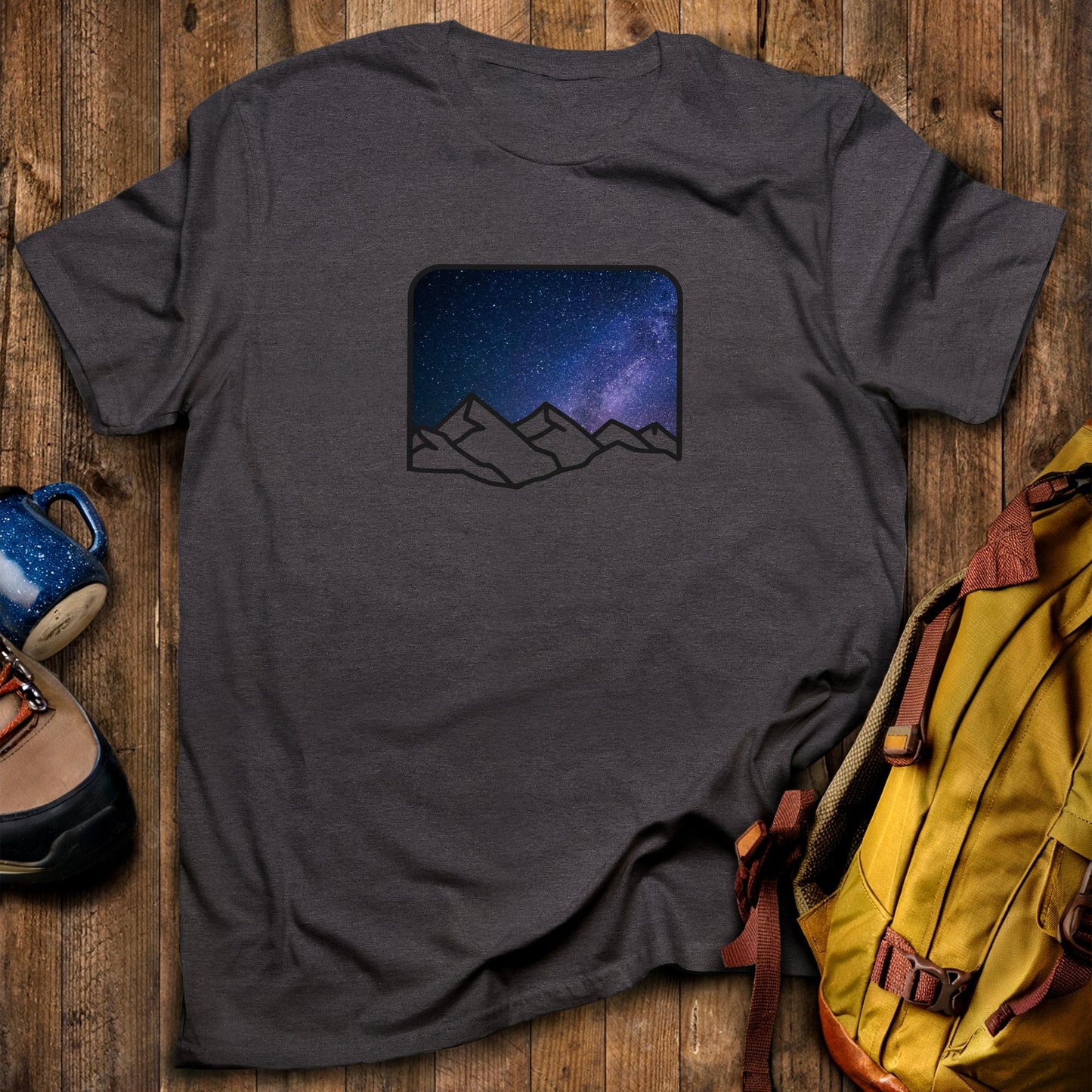 Starry Peaks T-Shirt Dark Heather Adventure and Outdoors Themed T-Shirt