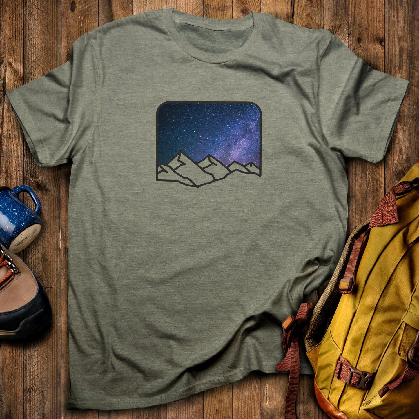 Starry Peaks T-Shirt Heather Military Green Adventure and Outdoors Themed T-Shirt