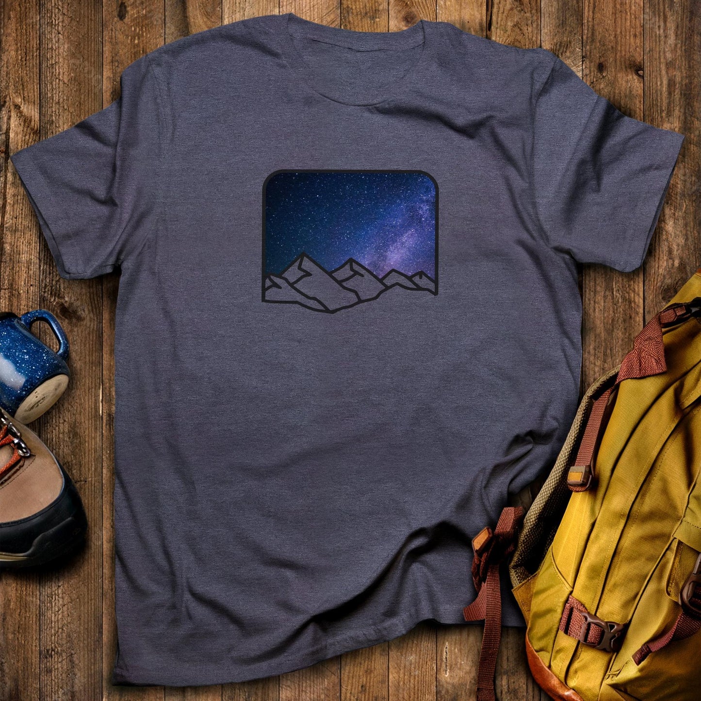 Starry Peaks T-Shirt Heather Navy Adventure and Outdoors Themed T-Shirt