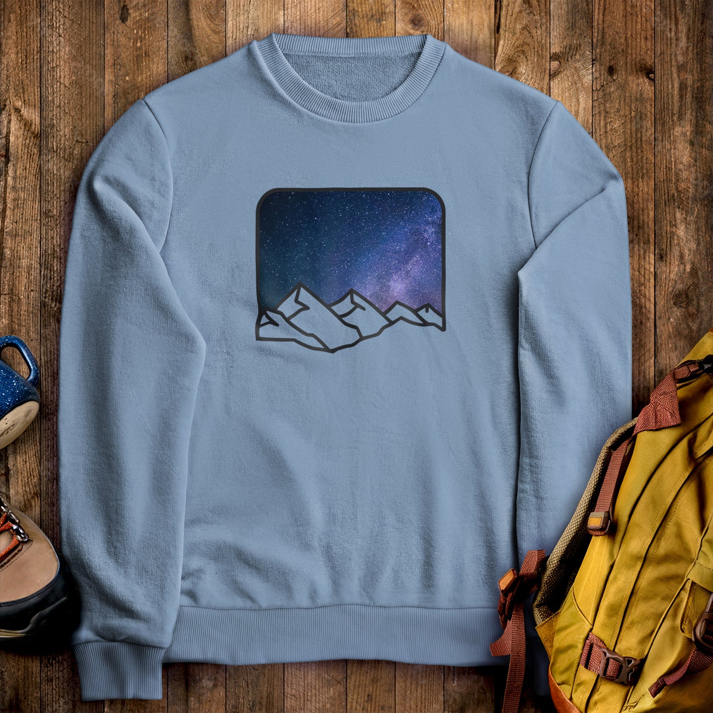 Starry Peaks Crewneck Sweatshirt Stone Blue Adventure and Outdoors Themed Sweatshirt