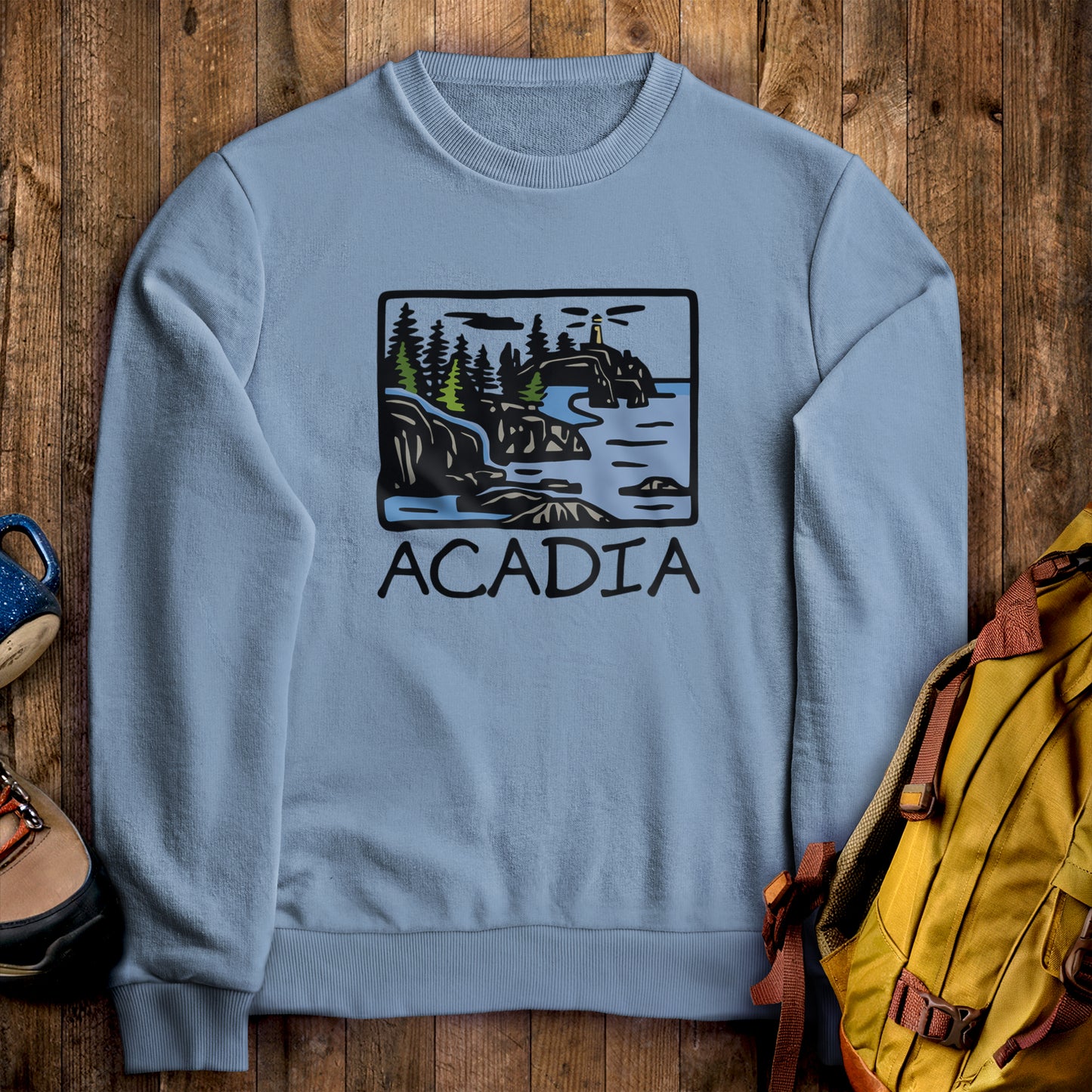 Acadia National Park Crewneck Sweatshirt Stone Blue Adventure and Outdoors Themed Sweatshirt